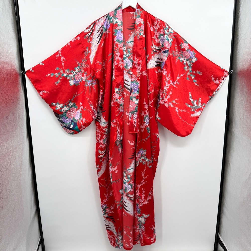 Vintage Made in Japan Kimono Maxi OS Floral Peacock Silky Satin Japanese Asian